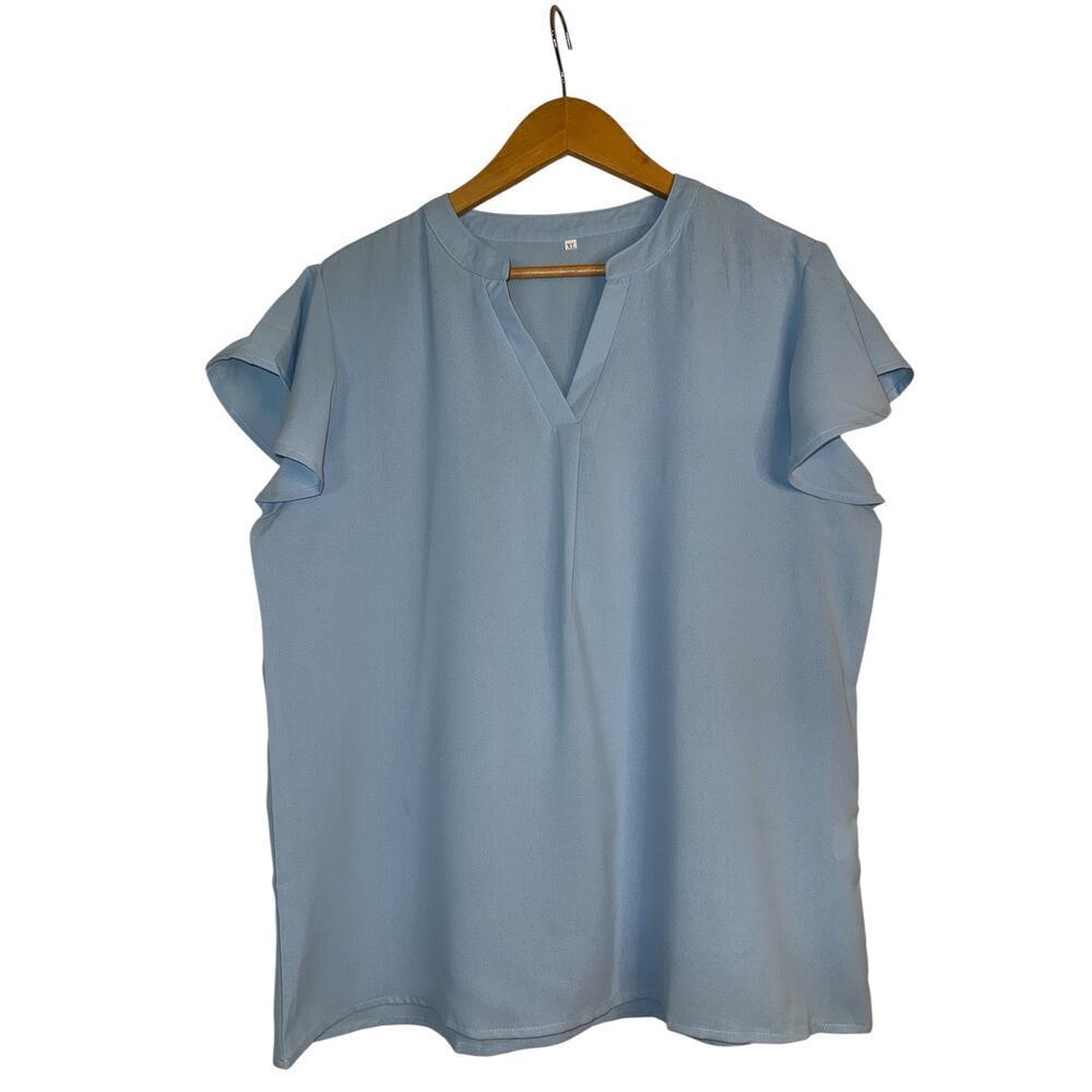 Short Sleeve Women Split V Neckline Summer Chiffon Pullover Top SZ XL Blue NWOT
